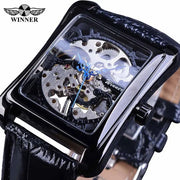 Winner Watch Retro Casual Series Rectangle Dial Design Golden Pattern Hollow Skeleton Men Top New Luxury Mechanical Watch