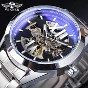 Winner Watch Men Blue Light Glass Skeleton Dial Automatic Watch Black Luminous Waterproof Stainless Steel Mechanical Watch
