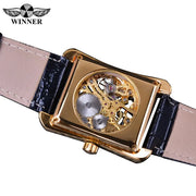 Winner Watch Retro Casual Series Rectangle Dial Design Golden Pattern Hollow Skeleton Men Top New Luxury Mechanical Watch