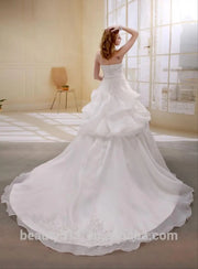 A-Line Satin/Organza Strapless Pearls Beaded Long Trail Gown Wedding Dress Ball Gowns Bridal Gowns