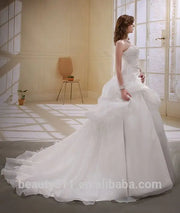 A-Line Satin/Organza Strapless Pearls Beaded Long Trail Gown Wedding Dress Ball Gowns Bridal Gowns