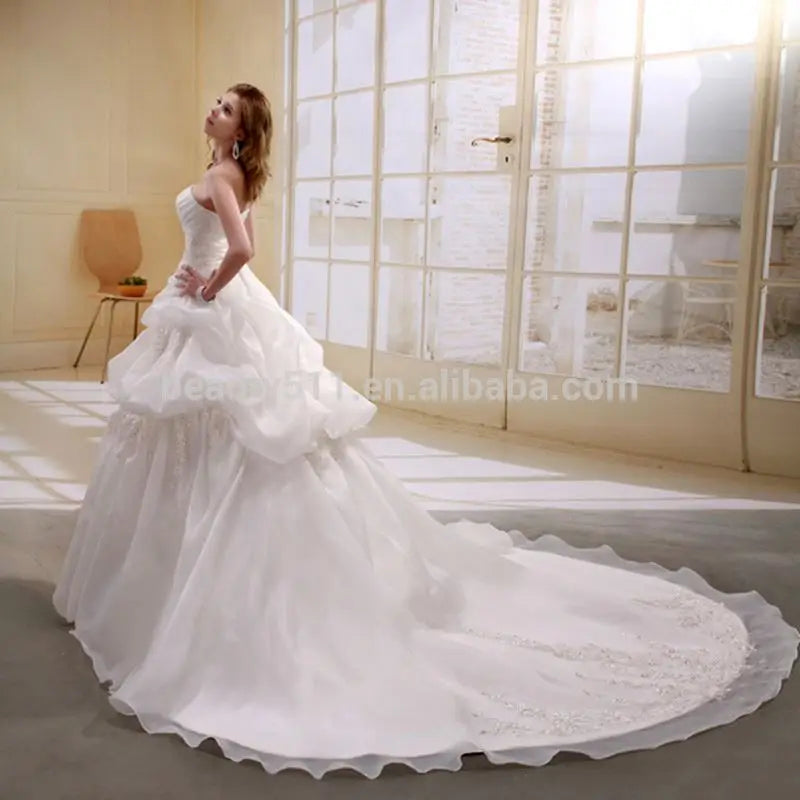 A-Line Satin/Organza Strapless Pearls Beaded Long Trail Gown Wedding Dress Ball Gowns Bridal Gowns