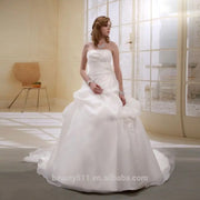 A-Line Satin/Organza Strapless Pearls Beaded Long Trail Gown Wedding Dress Ball Gowns Bridal Gowns