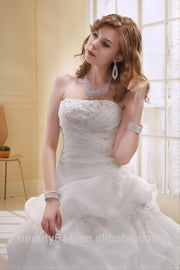 A-Line Satin/Organza Strapless Pearls Beaded Long Trail Gown Wedding Dress Ball Gowns Bridal Gowns