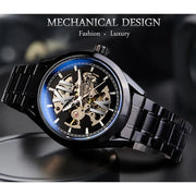 Winner Watch Men Blue Light Glass Skeleton Dial Automatic Watch Black Luminous Waterproof Stainless Steel Mechanical Watch
