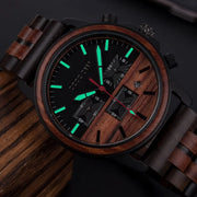 Handmade Luminous Sport Fashion Men's Wooden Quartz Round Chronograph Watch with Pointer Dial and Luxury Style
