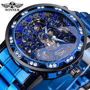Winner New Transparent Diamond Mechanical Watch Stainless Steel Skeleton Watch Top New Luxury Business Luminous Male Clock