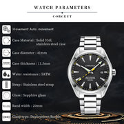 41mm Corgeut Automatic Mechanical Watch with Sapphire Crystal Waterproof Dive Features Miyota Movement Analog Dial Display