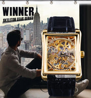 Winner Watch Retro Casual Series Rectangle Dial Design Golden Pattern Hollow Skeleton Men Top New Luxury Mechanical Watch
