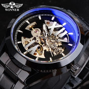 Winner Watch Men Blue Light Glass Skeleton Dial Automatic Watch Black Luminous Waterproof Stainless Steel Mechanical Watch