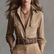 French Retro Solid Suede A-Line Party Dress Woman Lapel Single Breasted Shirt Dress Fall Long Sleeve Pocket Slit Elegant Dresses