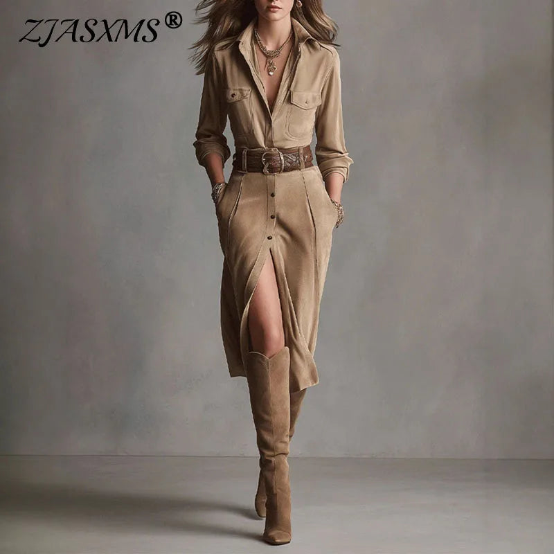 French Retro Solid Suede A-Line Party Dress Woman Lapel Single Breasted Shirt Dress Fall Long Sleeve Pocket Slit Elegant Dresses