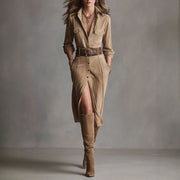 French Retro Solid Suede A-Line Party Dress Woman Lapel Single Breasted Shirt Dress Fall Long Sleeve Pocket Slit Elegant Dresses