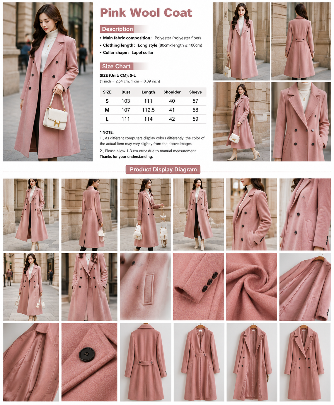 Thicken Pink Woolen Coat For Women Lapel Full Sleeve Medium Long Solid Color Overcoat