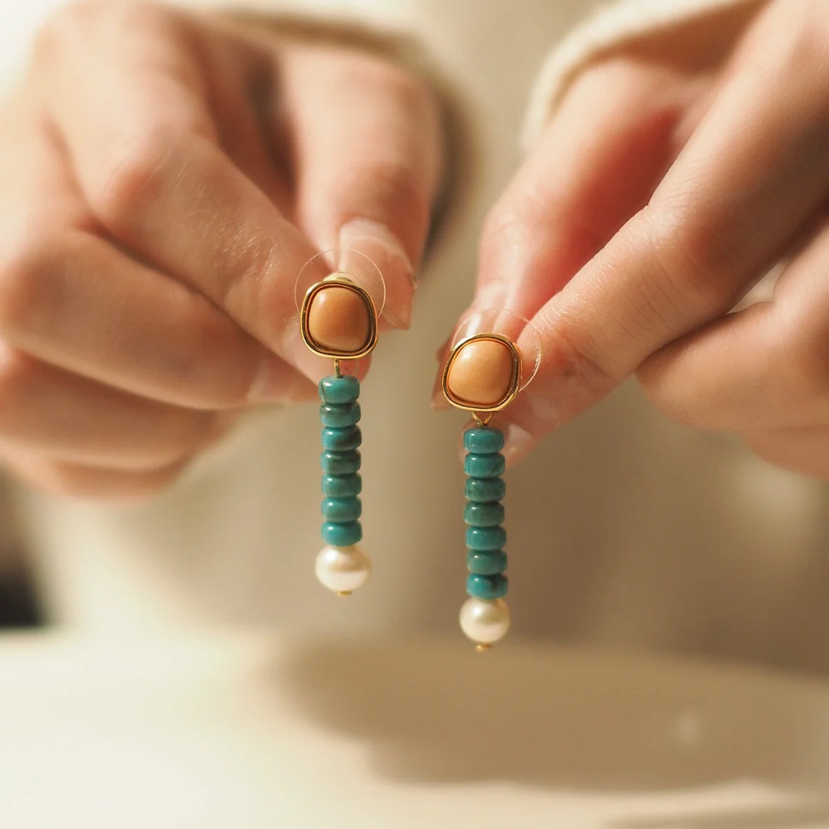 Fritillaria Retro Natural Pearl Turquoise Earrings Niche Original Design Vintage Middle Ancient Ear Clip Without Ear Hole